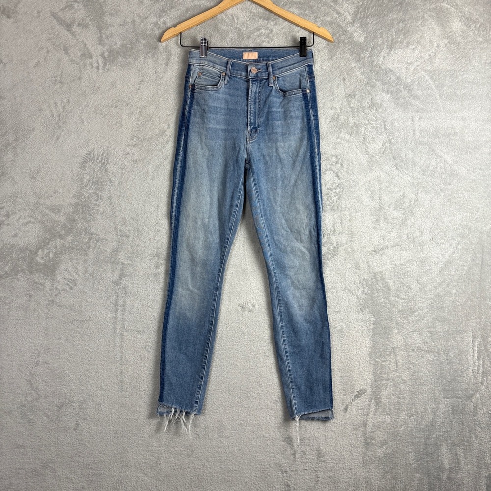 Mother Jeans Stunner Zip Ankle Step Fray Size 25 Light Kitty Racer Blue Stripe